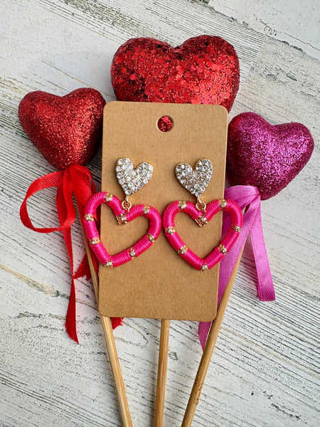 Pink Double Heart Rhinestone Earrings
