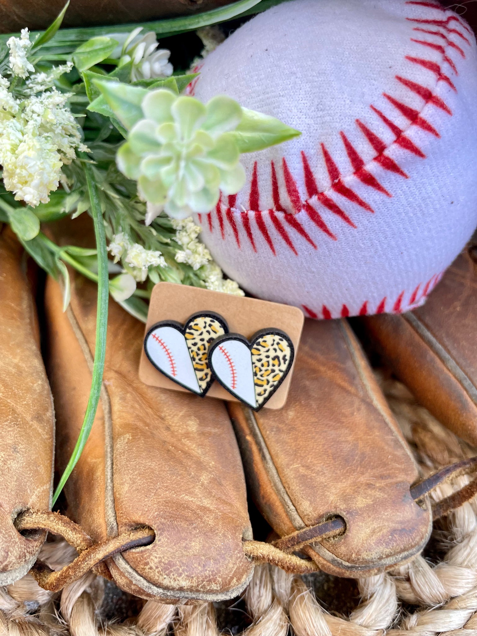 Heart Leopard Baseball Studs