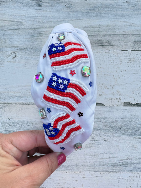 White Beaded Flag July 4th Headband