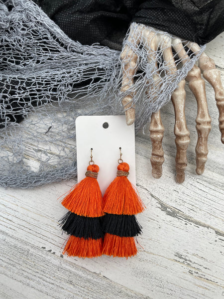 Orange & Black triple stack fringe earrings