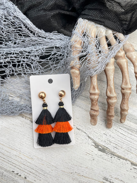 Orange & Black Fringe Triple Stack Earrings