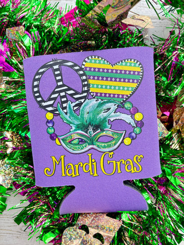 Peace, Love, Mardi Gras purple can holder