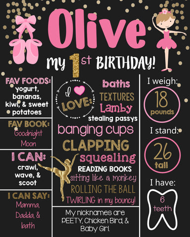 BALLERINA printable chalkboard- Digital File- birthday sign- birthday poster- princess- Ballet- Girls First Birthday- 1st Birthday Board