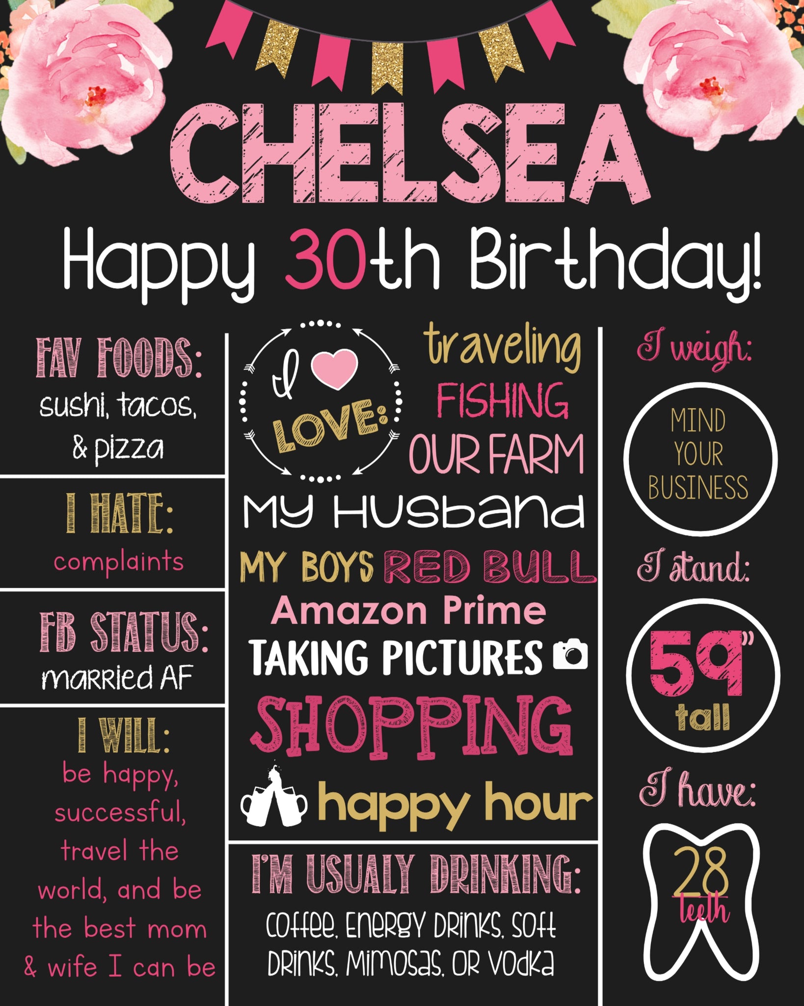 Adult 30th Birthday Chalkboard Sign- Printable Birthday Chalkboard Poster- Birthday Board- Custom Sign- Colorful- Pink