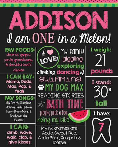 One In A Melon Watermelon Birthday Chalkboard Sign- Printable Birthday Chalkboard Poster- Birthday Board- Custom Sign- Colorful- Pink